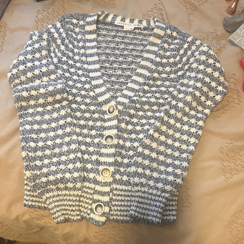 Veronica Beard Blue and Cream Marled Button-Front Cardigan